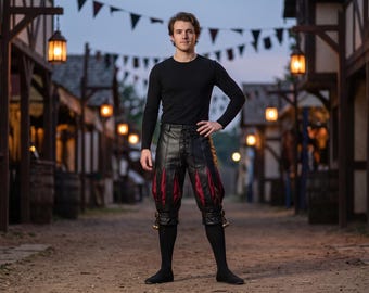 Jester Pants with Bells, Leather Renaissance Breeches, Slashed Landsknecht Style, Unisex Ren Faire Costume, Harlequin Halloween Cosplay