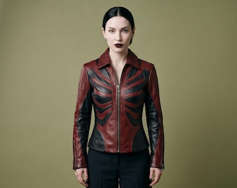 Kurtka motocyklowa Oxblood dla kobiet, gotycka skórzana odzież motocyklowa, dopasowany bordowy płaszcz punkowy, kurtka w stylu alternatywnym, skrojona na miarę