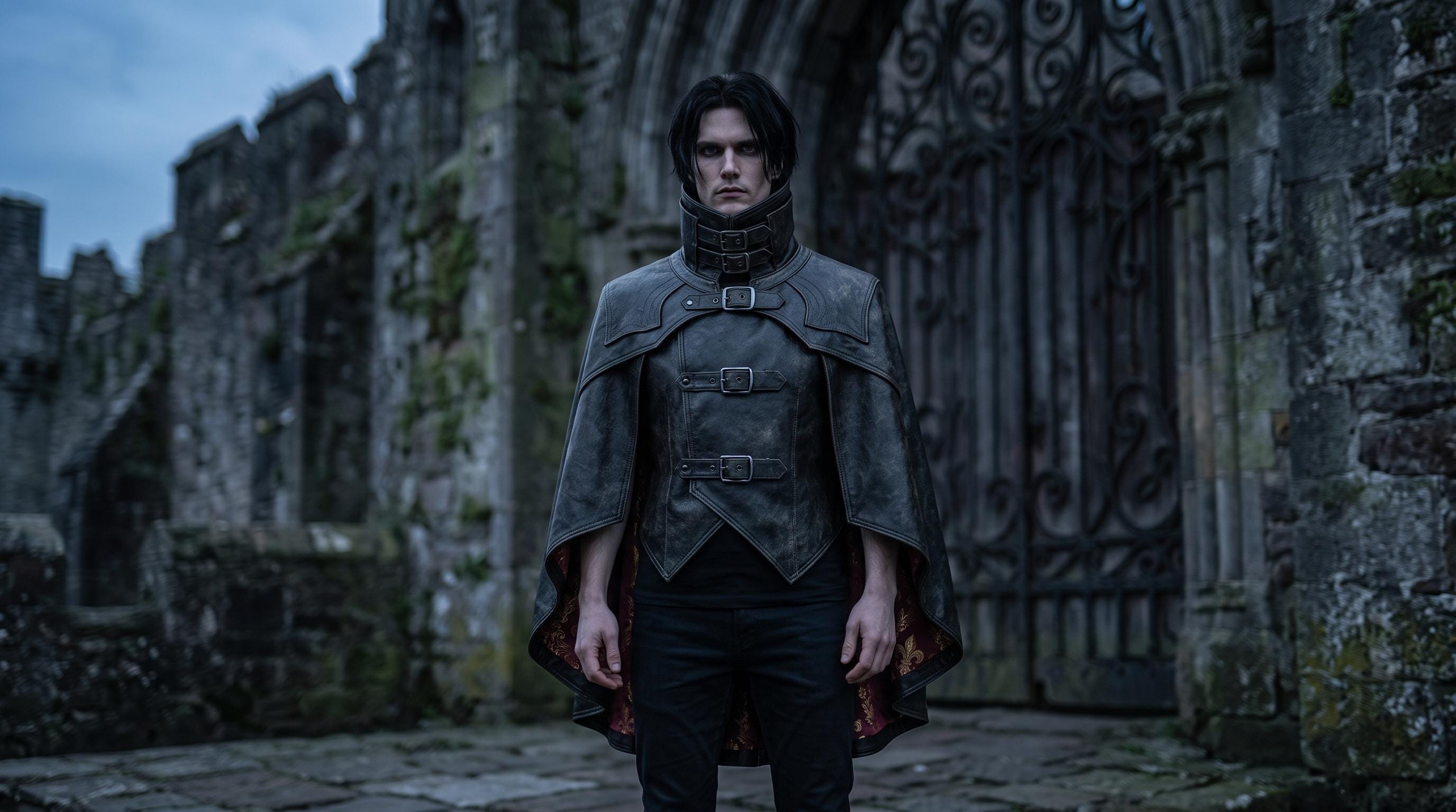 Leather Vampire Cape, Distressed Black Gothic Shoulder Mantle with High Collar and Burgundy Patterned Lining