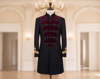 Gold Phoenix bestickter Militär Gehrock, viktorianischer gotischer Mantel, Steampunk Cosplay Jacke, kundenspezifischer Herrenmantel