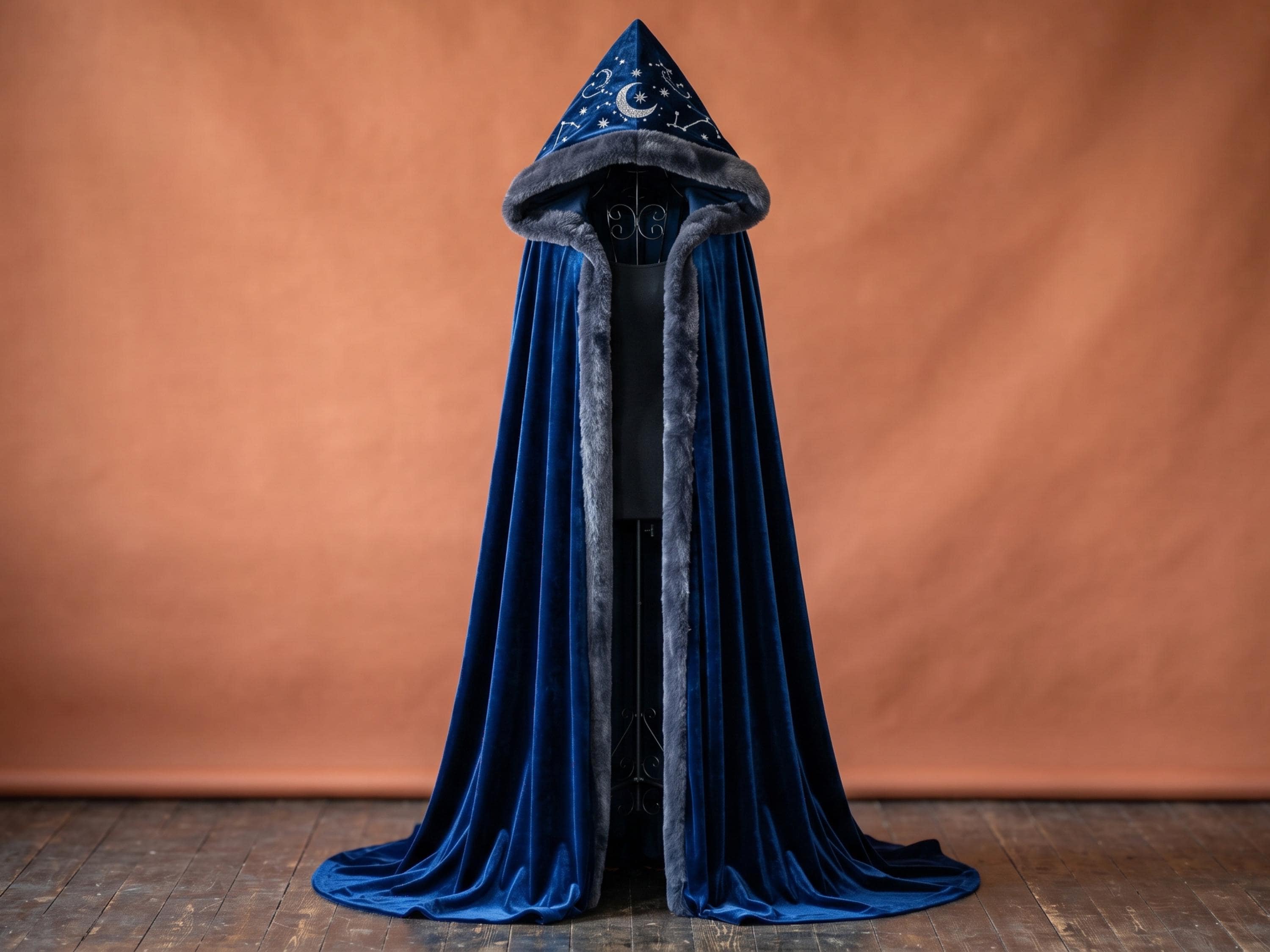 Midnight Blue Velvet Hooded Wizard Cloak, Custom Celestial Witch Cape, Handmade Whimsigoth Sorcerer Embroidered Cloak