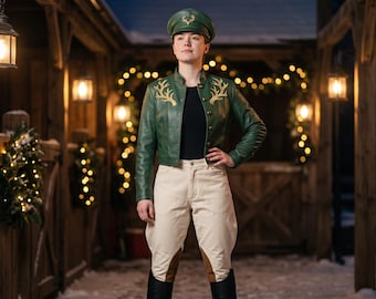 Christmas Circus Costume Women, Reindeer Tamer Outfit, Green Faux Leather Jacket, Jodhpur Breeches, Peaked Cap, Holiday Party Cosplay