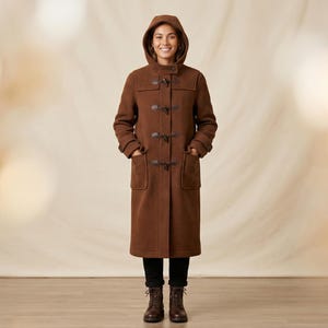 May include: A long, brown hooded duffel coat with toggle closures and front pockets. The coat is worn with black pants and brown boots. The coat is made of a thick, warm material, perfect for cold weather.