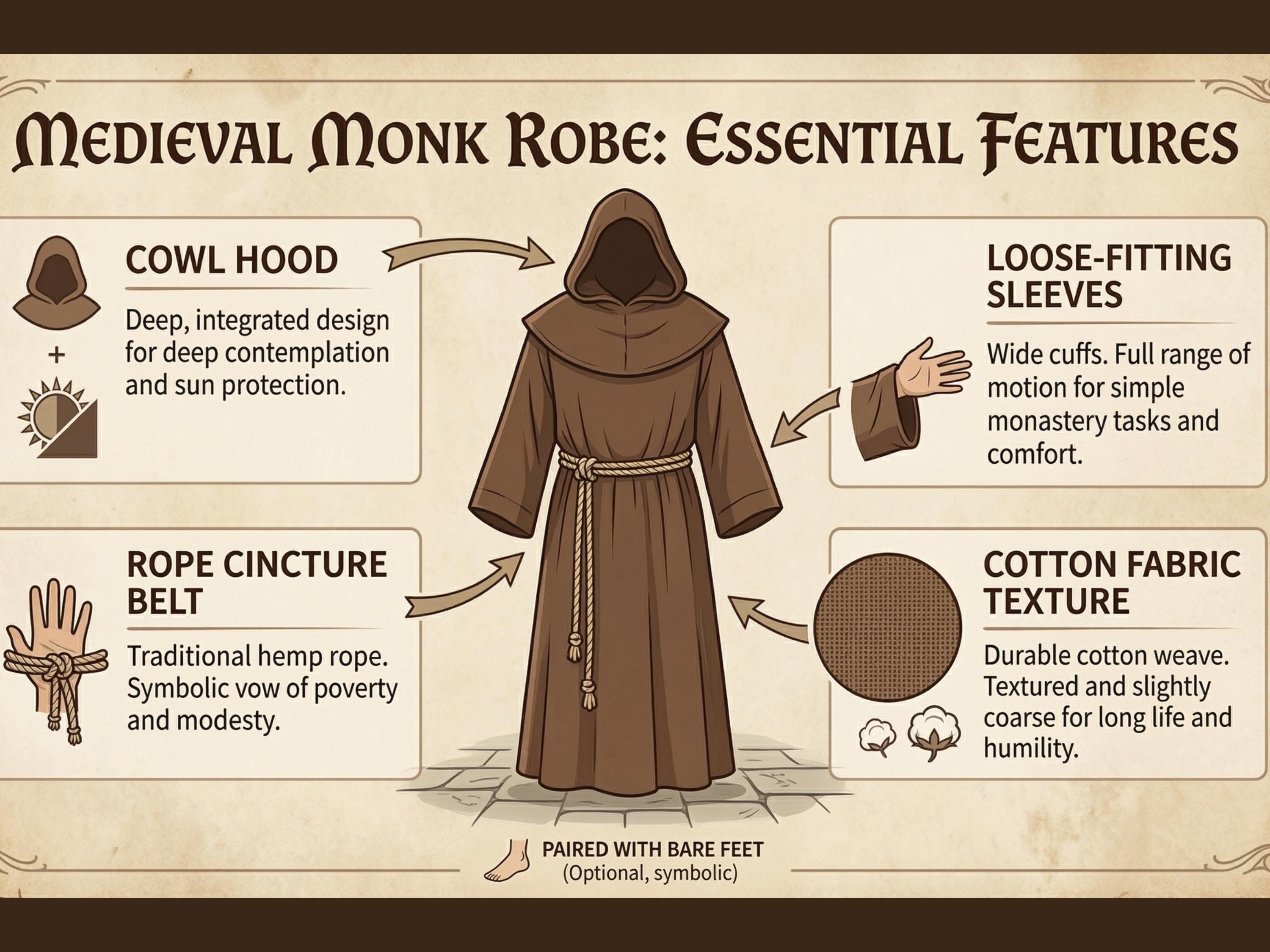 Renaissance Eave Ropes Brown Monk Robe Hooded Full Length, Medieval Monk Costume With Rope ...