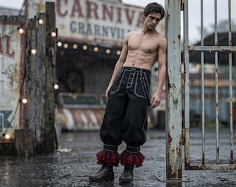 Gotyckie spodnie karnawałowe w stylu balonowym, ciemne spodnie arlekiny z mankietami z tiulu, steampunkowe pantaloniki cyrkowe, niestandardowe stroje festiwalowe