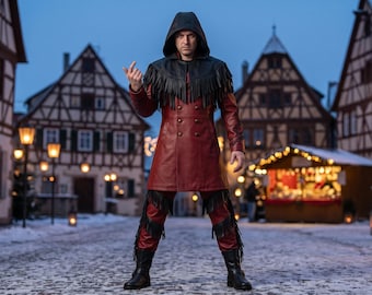 Krampus Costume Men, Dark Circus Ringmaster, Gothic Christmas Outfit, Faux Leather Frock Coat, Hooded Fringe Capelet, Krampusnacht