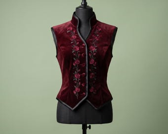 Oxblood Velvet Gothic Vest Women, Embroidered Rose Victorian Waistcoat, Handmade Vampire Aristocrat Costume Top, Custom Halloween Attire