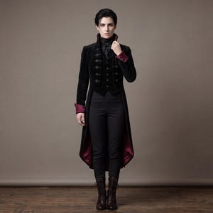 Custom Black Velvet Victorian Gothic Coat Men, Vampire Tailcoat Crimson Lining Corset Back, Dark Academia Halloween Handmade Cosplay