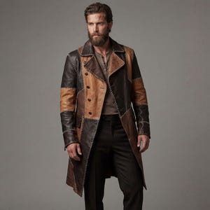 Puede incluir: Un abrigo de cuero patchwork en tonos marrones y beige. El abrigo presenta un diseño cruzado, costuras visibles y un corte largo hasta la rodilla. Una prenda de vestir exterior única.