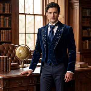 May include: A navy blue velvet suit with celestial embroidery. The suit includes a tailcoat, vest, and trousers. The embroidery features stars and crescent moons. The man is standing in a library setting with a globe and books.