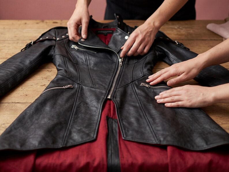 K&ouml;nnte beinhalten: Schwarze Lederjacke mit silbernen Rei&szlig;verschl&uuml;ssen und Nieten. Die Jacke hat ein langes, tailliertes Design mit rotem Innenfutter. Die Jacke wird von zwei Personen angefasst.