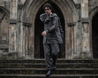 Gotycki kostium pierrota z lnianym fartuchem, strój cosplay klauna gotyckiego z rękawami z organzy, romantyczny asymetryczny strój teatralny