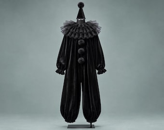May include: A black velvet clown costume featuring a tall cone hat with a pom-pom, a multi-layered ruffled collar, long sleeves with ruffled cuffs, and loose-fitting trousers. Three large black pom-poms are attached down the center front.