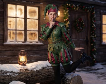Strój elfa błazna dla kobiet, komplet skórzanych, satynowych spodni typu „dublet”, strój na imprezę świąteczną, cosplay pomocnika Świętego Mikołaja, ręcznie robiony, rozmiar niestandardowy