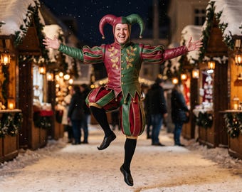 Strój błazna na Boże Narodzenie dla mężczyzn, skórzany strój błazna, czerwono-zielony dublet arlekina, haft ostrokrzewu, cosplay z renesansowym jarmarkiem