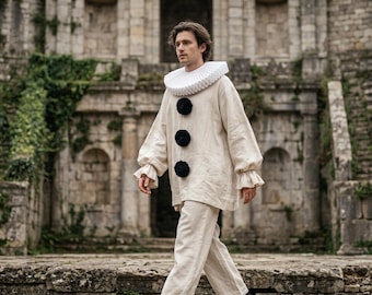 Zestaw kostiumów Pierrota z bawełny i lnu, strój klauna teatralnego z odpinanym kołnierzem i pomponami, Commedia Dell Arte Cosplay