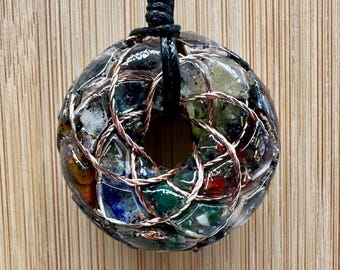 Chakra Rodin Coil Orgonite Pendant, 7 Chakra Stones, B36