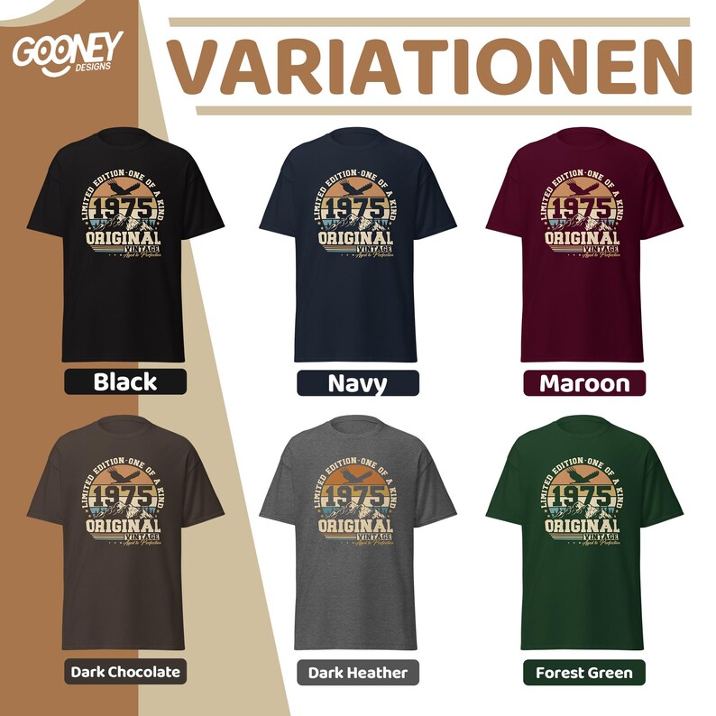 Puede incluir: Seis camisetas en negro, azul marino, granate, chocolate oscuro, gris oscuro y verde bosque. Cada camiseta presenta un gr&aacute;fico con el texto "1975 ORIGINAL" y un dise&ntilde;o de monta&ntilde;a. La palabra "VARIATIONEN" est&aacute; en la parte superior.