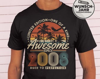 May include: Black t-shirt with a retro design featuring a sunset, palm trees, and the text "Awesome since 2008, Aged to Perfection." The design includes the words "Limited Edition, One of a Kind."
