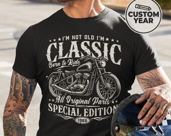 May include: Black t-shirt with a motorcycle graphic and the text "I'M NOT OLD I'M CLASSIC Born to Ride All Original Parts SPECIAL EDITION 1966". A custom year option is available.