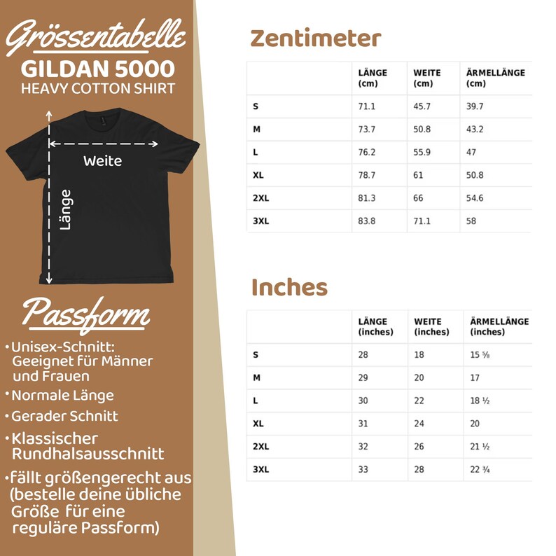 Puede incluir: Camiseta negra Gildan 5000 Heavy Cotton con una tabla de tallas en cent&iacute;metros y pulgadas. La tabla incluye medidas de largo, ancho y largo de manga para las tallas S a 3XL. El texto tambi&eacute;n incluye informaci&oacute;n sobre el ajuste de la camiseta.