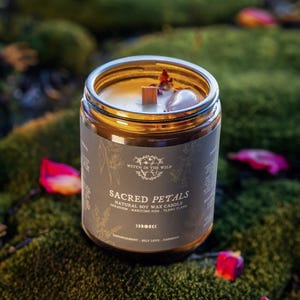 Sacred Petals Crystal Candle | Self-Love & Empowerment Ritual Candle | Rose Quartz, Soy Wax + Rose Petals | Apothecary Jar Witchy Candle