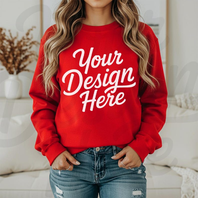 May include: A red sweatshirt with the text "Your Design Here" in white script. The sweatshirt is long-sleeved and is being worn with blue jeans. The image is a product mockup, perfect for showcasing custom apparel designs.