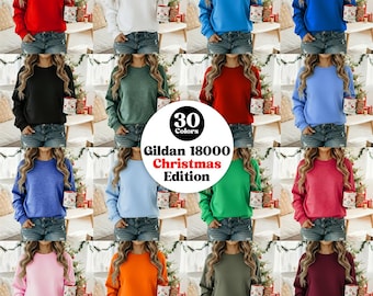 May include: A selection of crewneck sweatshirts in a variety of colours, such as red, white, blue, and black. The image includes the text "30 Colors" and "Gildan 18000 Christmas Edition."