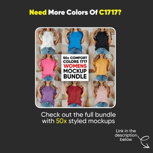 May include: A mockup bundle showcasing various colored t-shirts. The image displays a grid of different colored t-shirts, including white, blue, black, pink, yellow, purple, red, and light pink. Text on the image reads "50x Comfort Colors 1717 Womens Mockup Bundle."