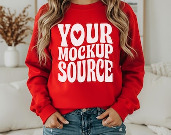 Red Gildan 18000 Sweatshirt Mockup, Oversized Fit (Digital Download)