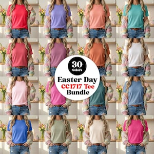May include: A grid of 16 images showcasing a variety of solid-color t-shirts. The shirts are in shades of red, purple, peach, teal, pink, mauve, orange, white, light pink, hot pink, teal, and blue. The text "30 Colors" and "Easter Day CC1717 Tee Bundle" is in the center.