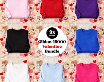 Puede incluir: Nueve sudaderas de cuello redondo en varios colores, incluyendo rosa, rojo, morado, negro, azul, blanco y azul claro. La imagen presenta el texto "Gildan 18000 Valentine Bundle" y está decorada con corazones y rosas.