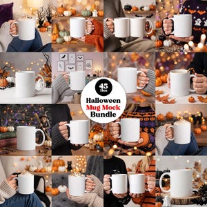 May include: A collection of white ceramic mugs shown in various Halloween-themed settings, featuring plain surfaces for design placement, with some mugs filled with whipped cream and others held by individuals in seasonal clothing.