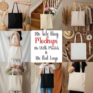 Może przedstawiać: Kolekcja makiet toreb typu tote w różnych stylach. Obraz przedstawia zarówno zdjęcia typu flat lay, jak i zdjęcia modelek z torbami w kolorze czarnym i ecru. Tekst na zdjęciu brzmi "20x Tote Bag Mockups 10x With Models & 10x Flat Lays."