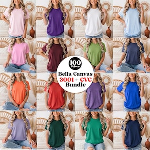May include: A collection of Bella Canvas 3001 and CVC t-shirts in 100 colors, featuring short sleeves and crew necklines. The central circular graphic displays the text 100 Colors Bella Canvas 3001 + CVC Bundle, showcasing various solid and heathered fabric tones.