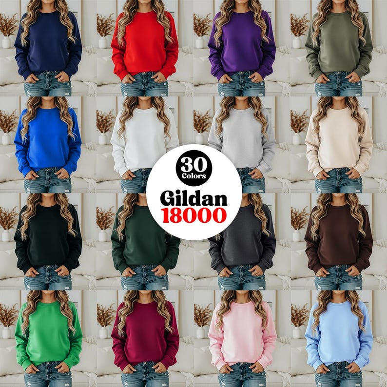 May include: A grid of crewneck sweatshirts in various colors, including navy, red, purple, and green. The image displays 30 different color options from the brand Gildan 18000. Each sweatshirt is shown on a person wearing blue jeans.