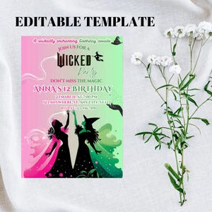 Wicked inspirierte Geburtstagseinladung, grüne und rosa Geburtstagseinladung, bearbeitbare Geburtstagseinladungsvorlage, DIGITAL DOWNLOAD