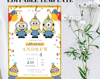 Editable Yellow Minions Birthday Invitation, Editable Minion Birthday Invitation, Printable Birthday Invite, Digital Kids Party Invite