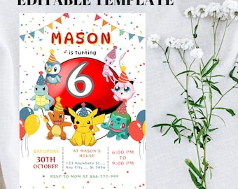 Sjabloon verjaardagsuitnodiging Pokémon – direct downloaden voor Canva – aanpasbare feestuitnodiging voor kinderen – leuk en speels ontwerp Pokémon-decor