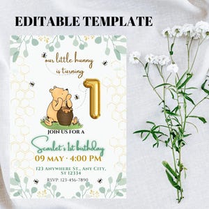 Winnie the Pooh 1st Birthday Invitation Classic Pooh Birthday Invite Vintage Winnie the Pooh Characters First Birthday girl Boy Invite Canva