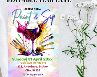 Sip and Paint Party Invitation,Editable Paint & Sip Party Invite,Wine and Paint Birthday Invite,Digital Sip and Paint Invite,InstantDownload