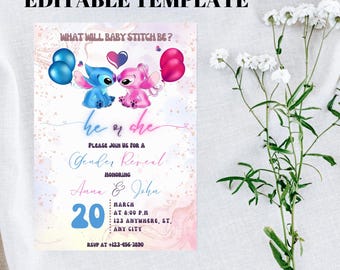 Angel and Stitch Gender Reveal Invitation, Printable Template (Digital)