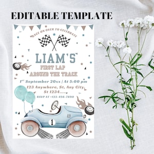 May include: An editable template invitation with a race car theme. The invitation features a light blue vintage race car, checkered flags, and the text "LIAM'S FIRST LAP AROUND THE TRACK". Includes event details and RSVP information.
