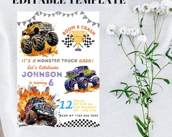 Monster Truck Birthday Invitation, Monster Truck Party Invite, Editable Template For Boys, kids Phone Invitation, Trucks Birthday Invite