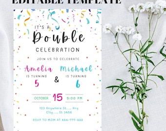 Join Party Birthday Invitation, Sibling Birthday Party, Double Birthday Invitation, Join Birthday Party invite Editable Canva Template