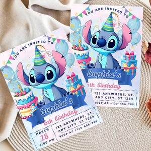 May include: Two birthday invitations featuring a cartoon character with large ears, wearing a party hat, and surrounded by balloons and gifts. The invitations read "You are invited to Sophia's 6th birthday" with event details.