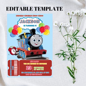 Invito di compleanno a tema Thomas the Tank Engine: festa in treno, modello Canva modificabile (download digitale)
