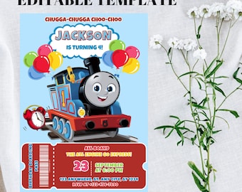 May include: A blue and red birthday invitation template featuring a cartoon train with the text "Jackson is turning 4!" and "All aboard the All Engine Go Express!" Includes a red ticket with event details.