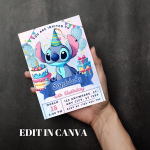 May include: A birthday invitation featuring a cartoon character, a cake, and gifts. The invitation is for Sophia's 6th birthday, with the date March 18th and a time of 6:00 PM. The text "EDIT IN CANVA" is at the bottom.