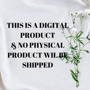 Może przedstawiać: Białe tło z tkaniny z czarnym tekstem "THIS IS A DIGITAL PRODUCT & NO PHYSICAL PRODUCT WILL BE SHIPPED". Gałązka białych kwiat&oacute;w z zielonymi łodygami i liśćmi znajduje się w prawym g&oacute;rnym rogu.
